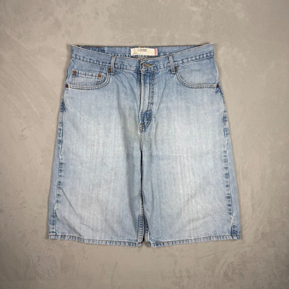 Y2K Mens Levis 569 Loose Fit Baggy Denim Skater Jorts Light Wash W34